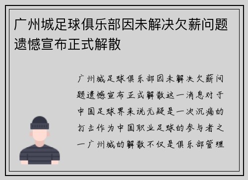 广州城足球俱乐部因未解决欠薪问题遗憾宣布正式解散